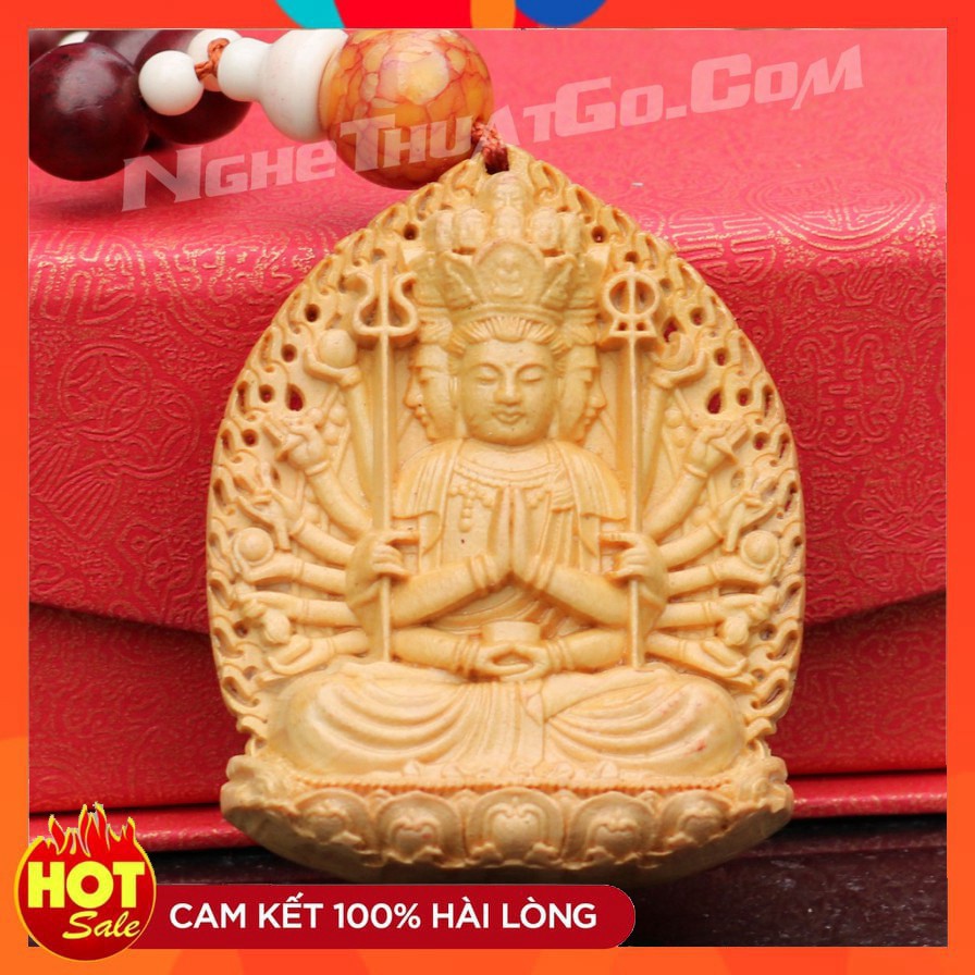 Dây treo xe ô tô tượng Phật Thiên Thủ Thiên Nhãn bằng gỗ Hoàng Dương - TẶNG 1 VÒNG ĐEO TAY Hàng cao cấp