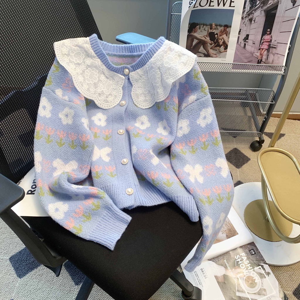Áo Khoác cardigan Len Tay Dài Cổ Phối Ren Mới Cho Bé