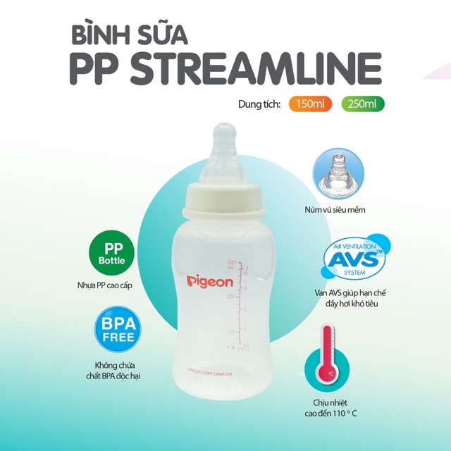 Bình sữa cổ hẹp streamline Pigeon 150ml/250ml