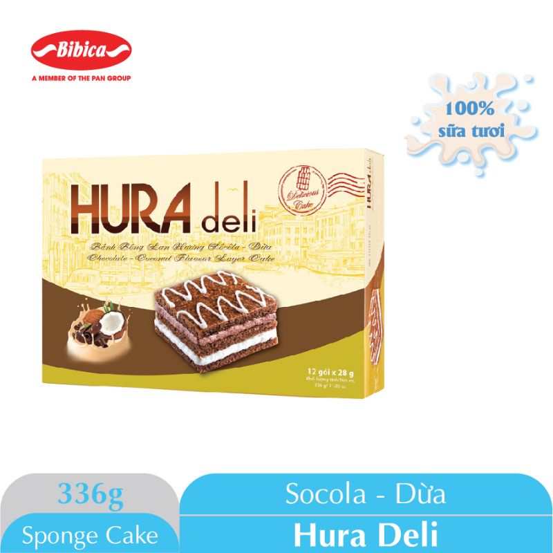 Bánh bông lan Hura Deli 336gr hương Sữa Dâu, Bơ Sữa, So Dừa, Cốm Dừa