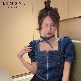 Áo croptop kiểu cổ vuông thắt nơ độc đáo xanh denim hàn quốc