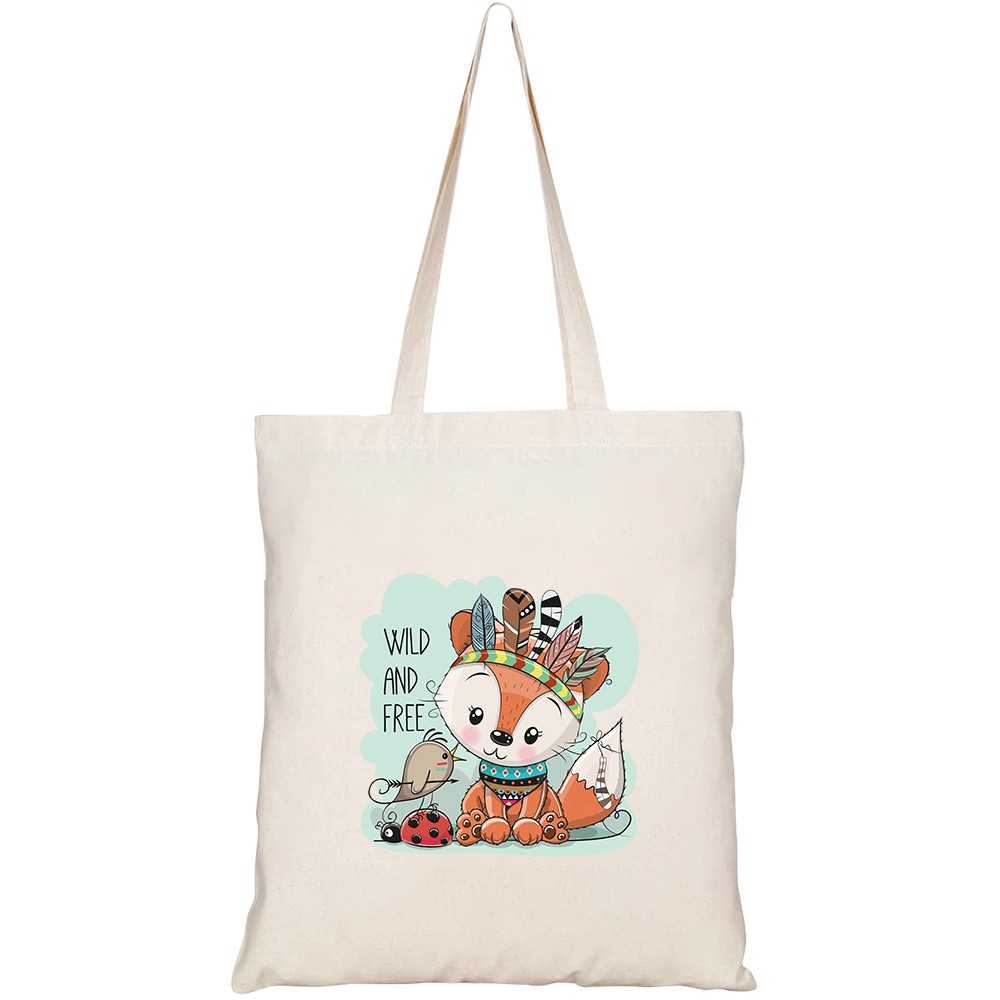 Túi vải tote canvas HTFashion in hình cute cartoon tribal fox bird HT351