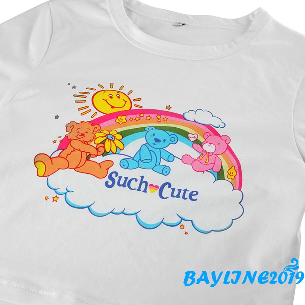 Áo Croptop Tay Ngắn In Hình Cầu Vồng Dễ Thương Cho Bạn Nữ