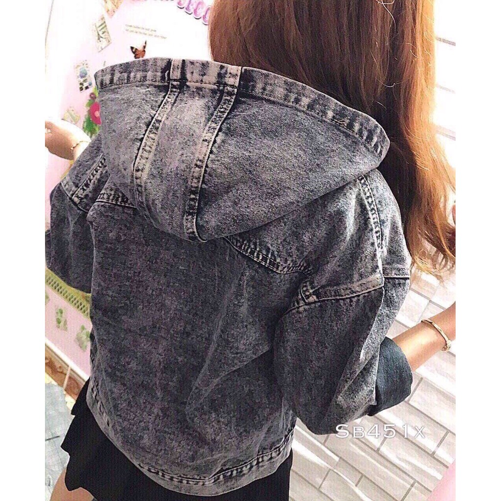 Áo Khoác Jean Nữ kèm nón đội màu xám đen mũ rộng cao cấp size 39-57kg