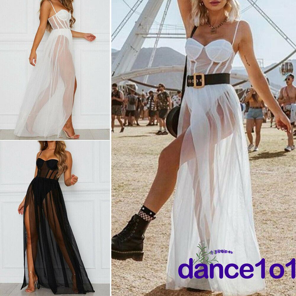 Đầm dài hai dây chất vải xuyên thấu phong cách quyến rũ