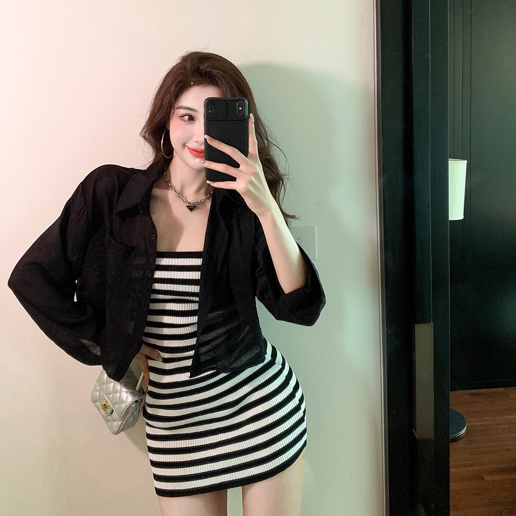 QKOOLE Đầm ống  kẻ sọc phong cách Hàn Quốc thời trang gợi cảm cho nữ