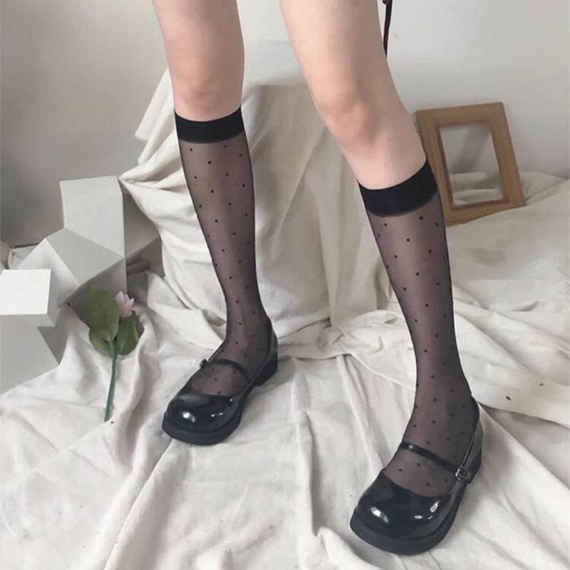 Vớ lưới xuyên thấu cao tới đầu gối họa tiết chấm bi phong cách Lolita thời trang quyến rũ cho nữ
