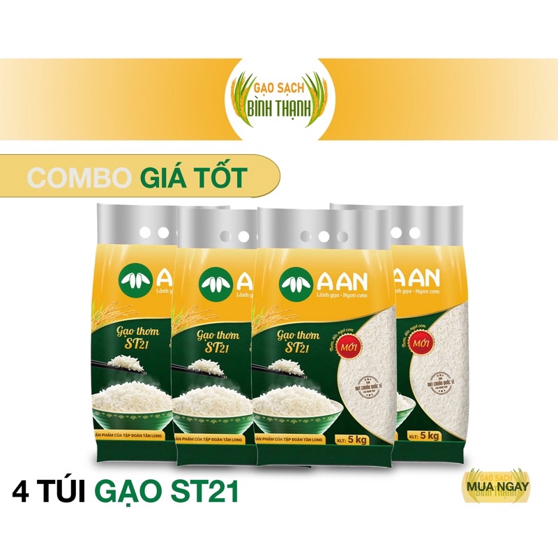 Combo 4 túi gạo Thơm ST21 A AN mỗi túi 5Kg - Đặc sản Sóc Trăng - Thơm hoa lài nhẹ, cơm ngọt, rất dẻo, để nguội vẫn mềm