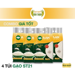 Combo 4 túi gạo Thơm ST21 A AN mỗi túi 5Kg - Đặc sản Sóc Trăng - Thơm hoa lài nhẹ, cơm ngọt, rất dẻo, mềm