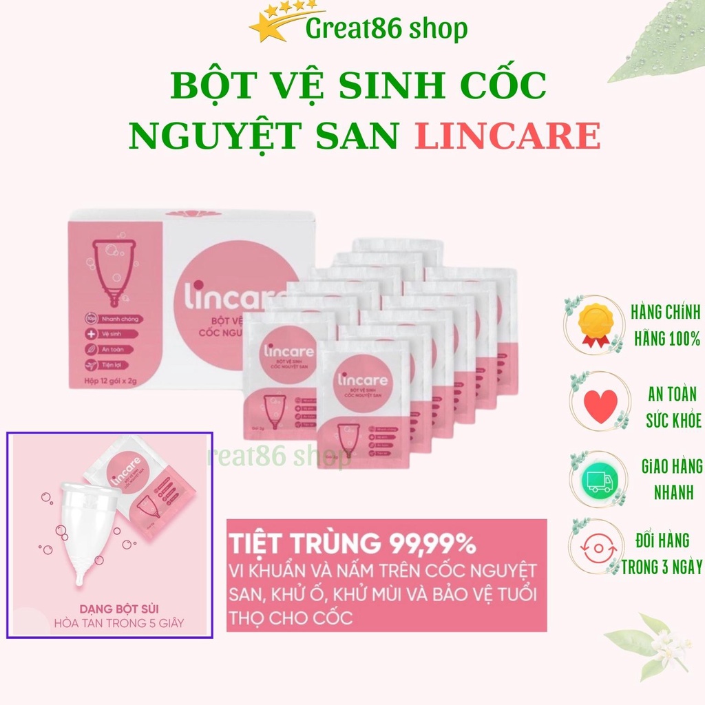 Bột vệ sinh Lincare great86 dung dịch vệ sinh cốc nguyệt san hộp 12 gói loại bỏ nấm mốc và vi khuẩn