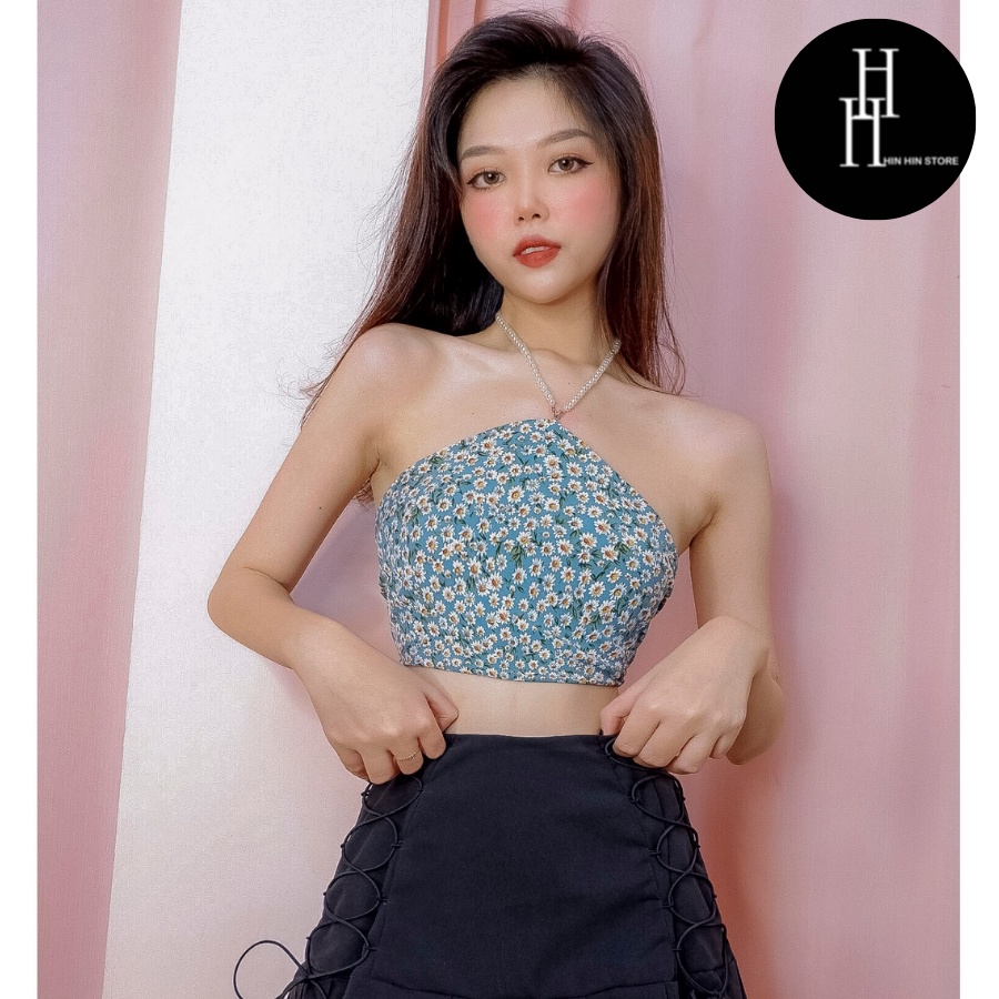 Áo yếm croptop hoa bi xanh dây chuỗi ngọc HAC139 Hỉn Hỉn Store