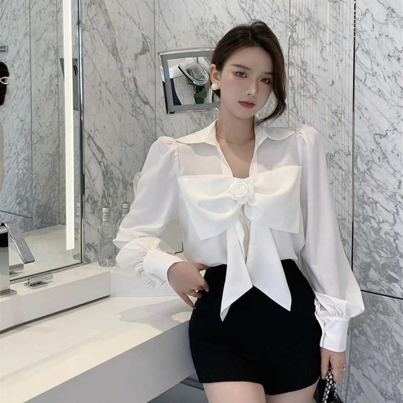 Áo Sơ Mi Trắng Dài Tay Thắt Nơ Phong Cách Pháp Mới