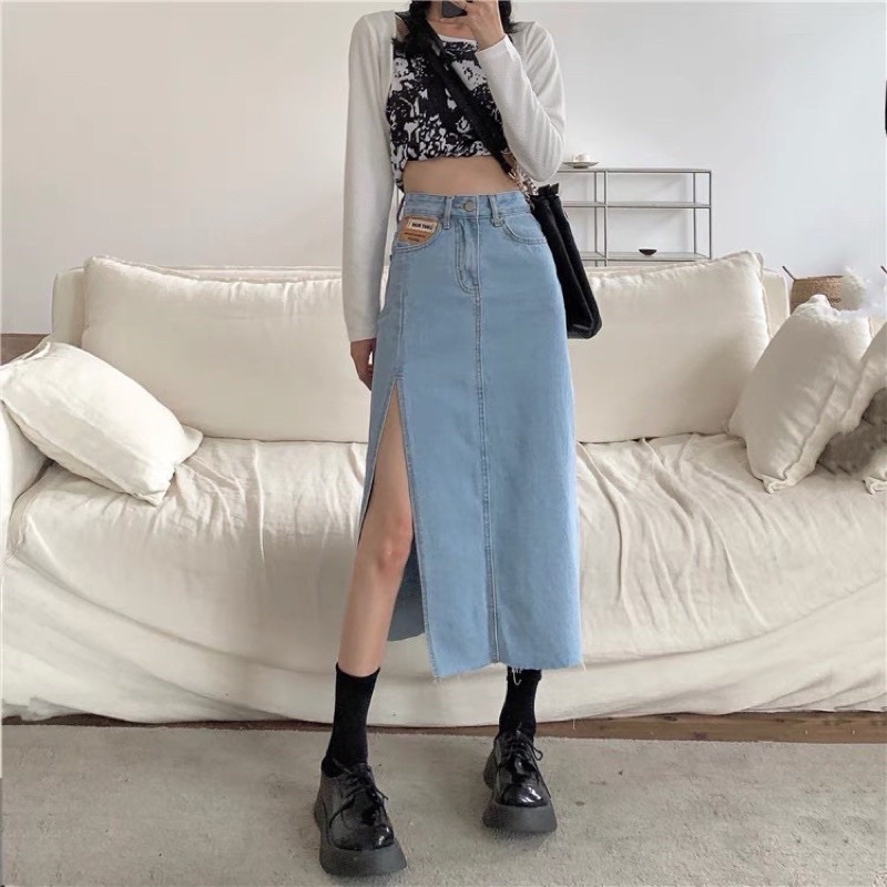Chân váy jean, váy bò xẻ unisex dáng dài phối mác da túi | BigBuy360 - bigbuy360.vn