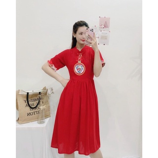 Đầm gấm cổ tàu chất lụa chơi lễ noel tết