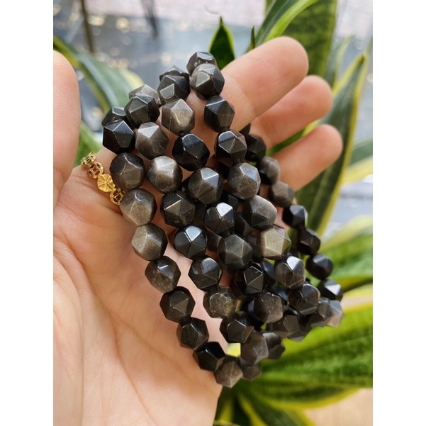Vòng tay đá Năng Lượng Bảo Vệ, Đá Silver Sheen Obsidian hạt facet, Đá Healing ánh bạc