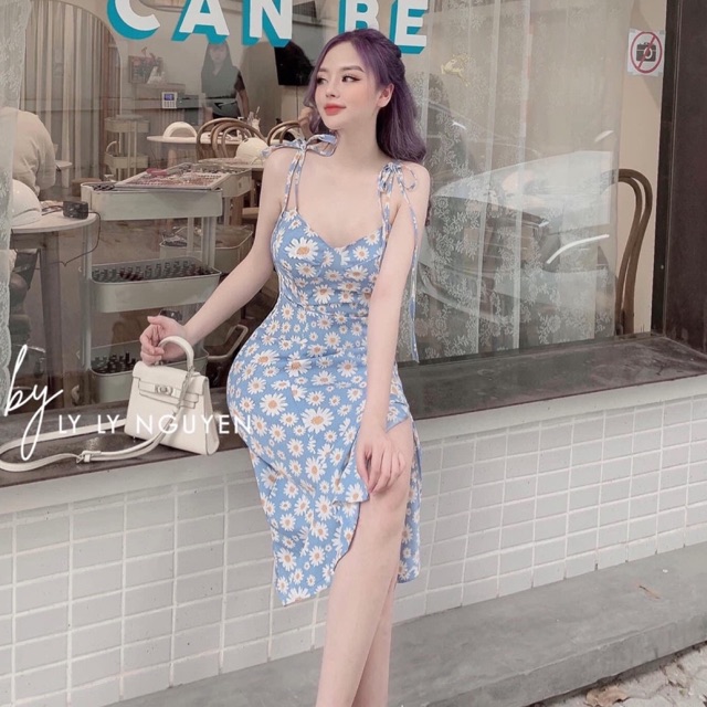 Đầm Hoa 2S Xẻ Tà XANH TT