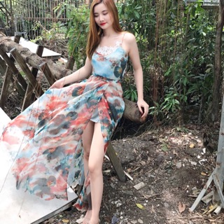 Ảnh thật 100%- đầm maxi xẻ tà phối ren ngực