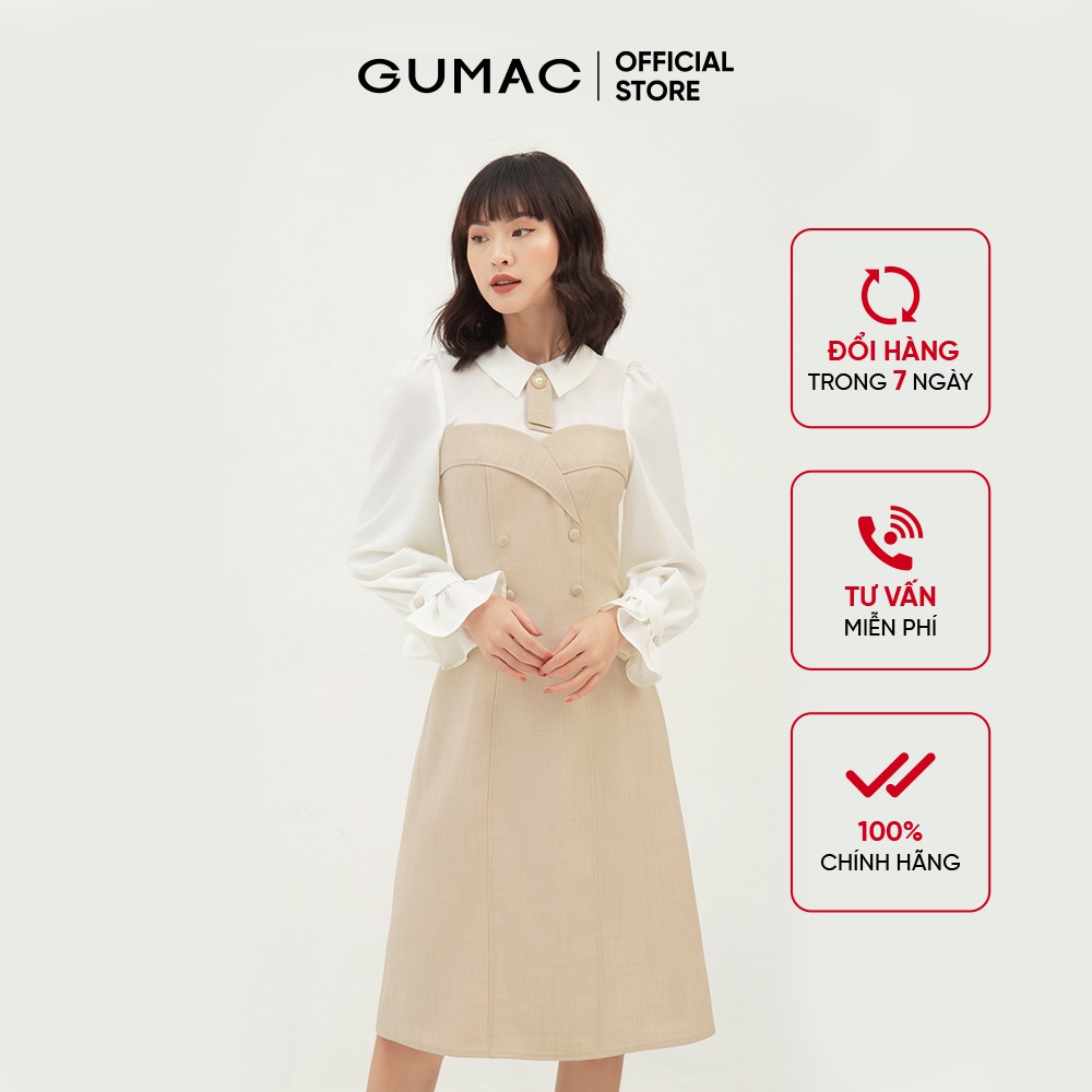 [Mã MABR07062 giảm 8% tối đa 50K đơn từ 249K] Đầm nữ ôm tay dài phối nút GUMAC màu be, đủ size, DB3108