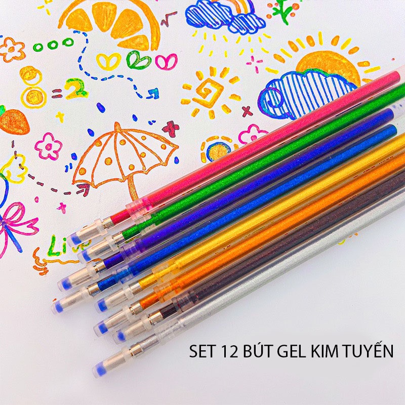 Set 12 bút gel kim tuyến nhiều màu sắc cho học sinh, Bút mực nhũ ánh kim tuyến lấp lánh trang trí bullet journal