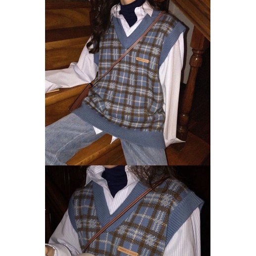 Áo Gile Xanh Kẻ Ulzzang  Phong cách Hàn Quốc Quảng Châu loại 1 Ảnh Thật Phía sau ,chất dệt Kim Cổ chữ V mẫu 2021 | BigBuy360 - bigbuy360.vn