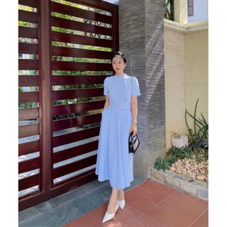 Đầm váy midi caro đi tiệc đi làm cổ tròn chất thun dư xịn dày dặn có túi hai bên kèm belt bản to đẹp vnxk
