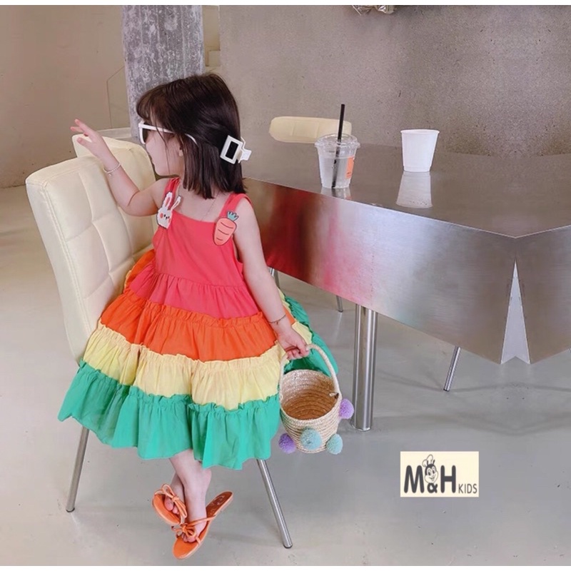 váy cầu vồng /Váy bé gái 2 dây chất thô nhiều tầng sắc màu thỏ -cầu vồng