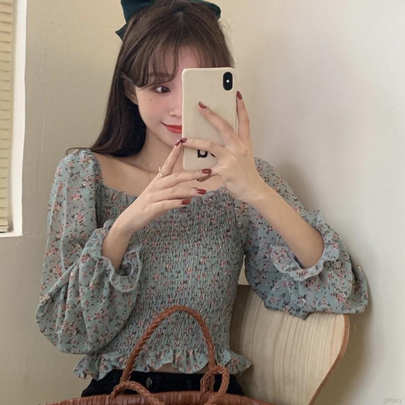 Áo voan xếp ly cổ vuông họa tiết hoa nhỏ xinh xắn cho bạn gái | BigBuy360 - bigbuy360.vn