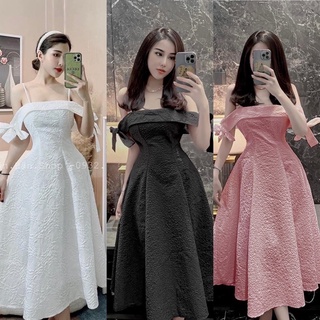 Đầm midi xốp trễ vai nơ