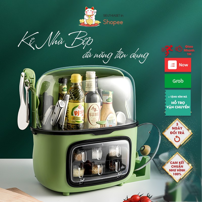 Kệ Nhà Bếp Có Nắp Đậy 2 Tầng Ngăn Cất Đồ Chia Ngăn Để Thớt Dao Đũa Thìa Muỗng Chai Lọ Gia Vị Rãnh Thoát Nước Tiện Lợi