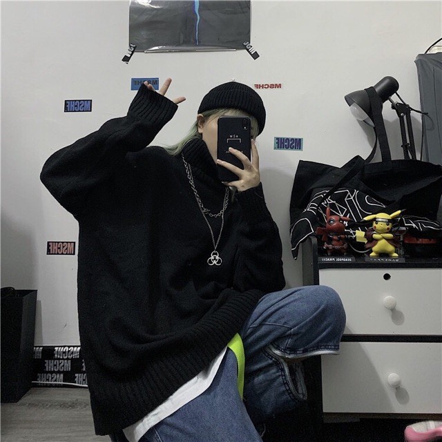 Áo len đôi cổ lọ cổ cao form rộng dáng dài oversize unisex nam nữ | BigBuy360 - bigbuy360.vn