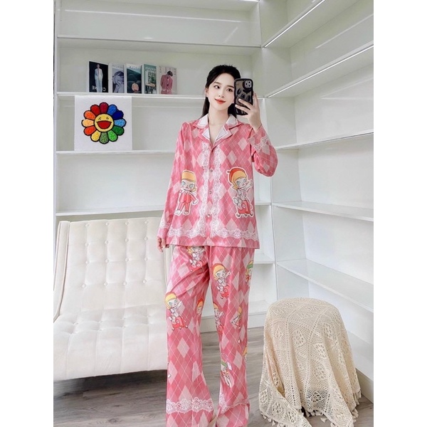 [Hàng sẵn] bộ ngủ mặc nhà pijama lụa xước cao cấp Quảng Châu tay dài ren thoi hồng