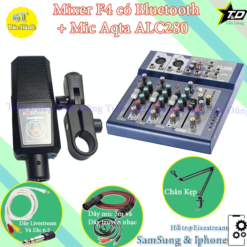 Mic thu âm Aqta ALC280 mixer F4 bluetooth chân đế dây livestream chế dây truyền nhạc dây mic 3m zắc 6.5