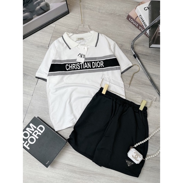 Set áo polo mix quần sooc đùi bộ đùi cotton áo cổ bẻ quần đen
