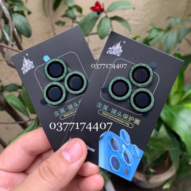 Bộ 3 dán bảo vệ mắt camera nhũ kim cương cho iPhone 13 Mini, 13, 13 Pro, 13 Pro Max xanh rêu nhũ đá lấp lánh siêu đẹp