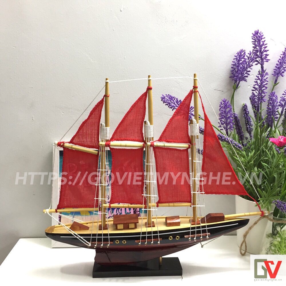 [Không lắp ráp] Mô hình thuyền gỗ trang trí nhà cửa - Thuyền gỗ Atlantic của Mỹ - Dài 32cm - Buồm đỏ