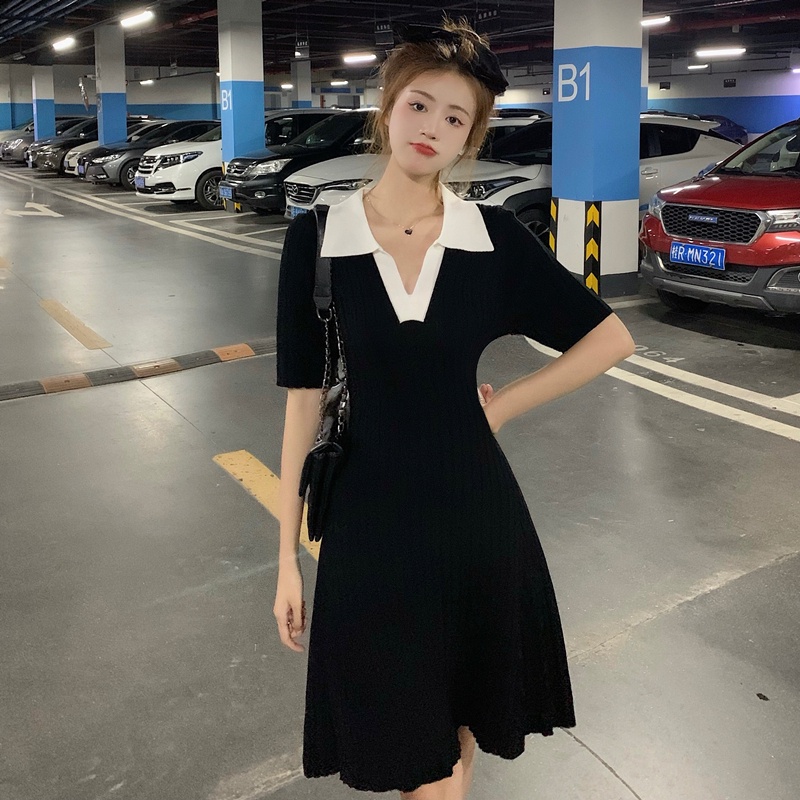 Đầm Dệt Kim Ngắn Tay Cổ POLO Xinh Xắn Dành Cho Nữ