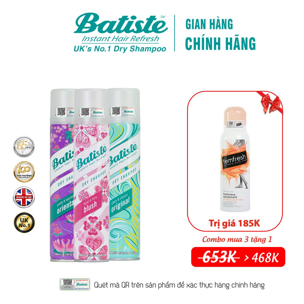 [COMBO XỊT THƠM MÁT SUỐT NGÀY DÀI] Mua 03 Dầu Gội Khô Batiste 200ml Tặng  01 Xịt Khử Khuẩn FemFresh Anh Quốc 125ml 185k