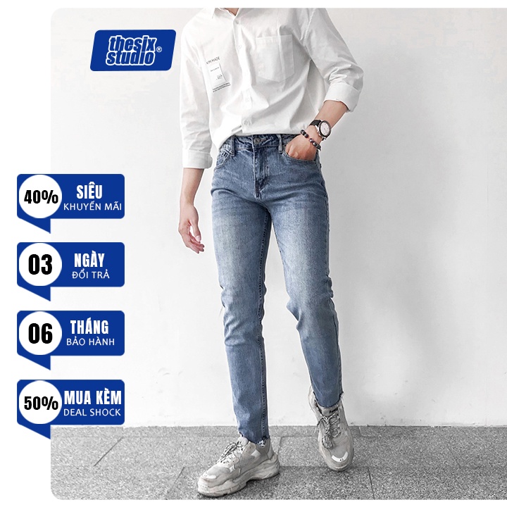 Quần jean nam xanh cắt gấu form slim fit trơn trơn basic [#HT859]