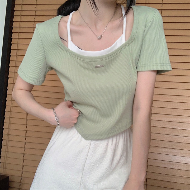 Áo Thun Ngắn Tay Hai Mảnh Thiết Kế Dáng Ngắn Phong Cách Hàn Quốc Thời Trang Mùa Hè Hàng Mới 2022 Dành Cho Bạn Nữ