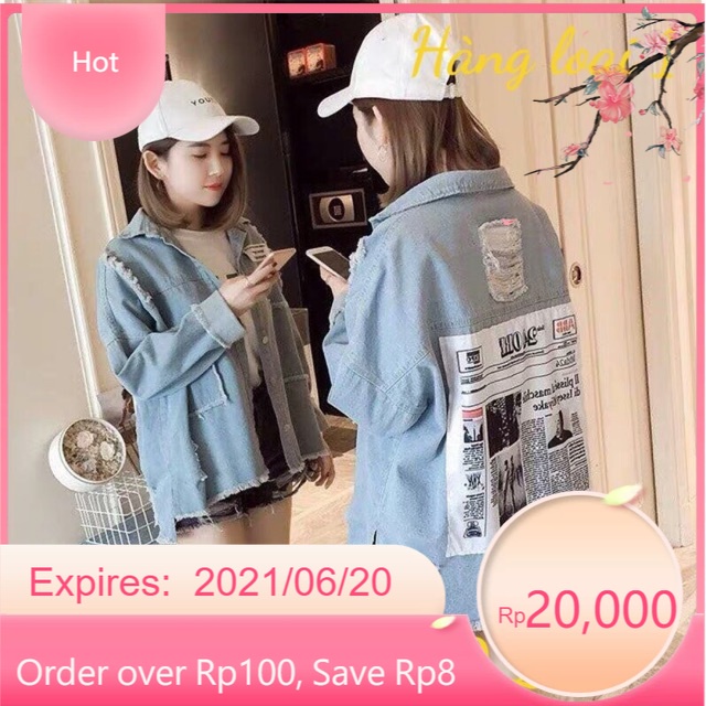 Áo khoác jean nữ Hàn Quốc thời trang mới in báo đẹp màu trắng xám wash mạnh size M-L-XL hàng loại 1