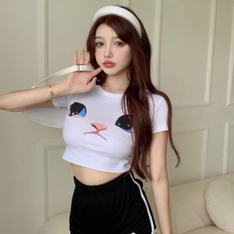 Áo Thun Crop Top Tay Ngắn Cổ Tròn In Họa Tiết Hoạt Hình Phong Cách Đường Phố Thời Trang Mùa Hè Dành Cho Nữ
