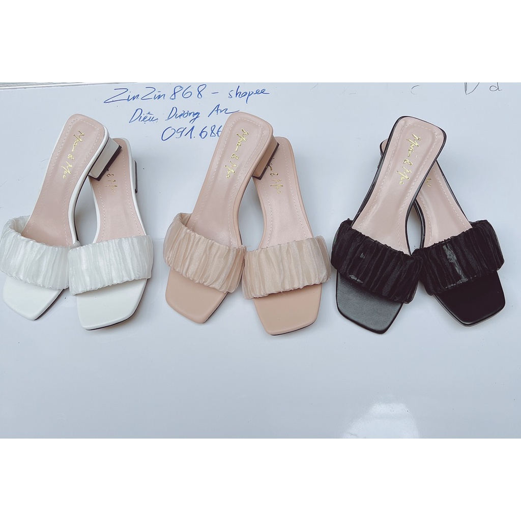 ZZ99- Dép/ guốc cao gót 4 phân gót vuông( nhún meka kết hợp voan)- bèo 4f