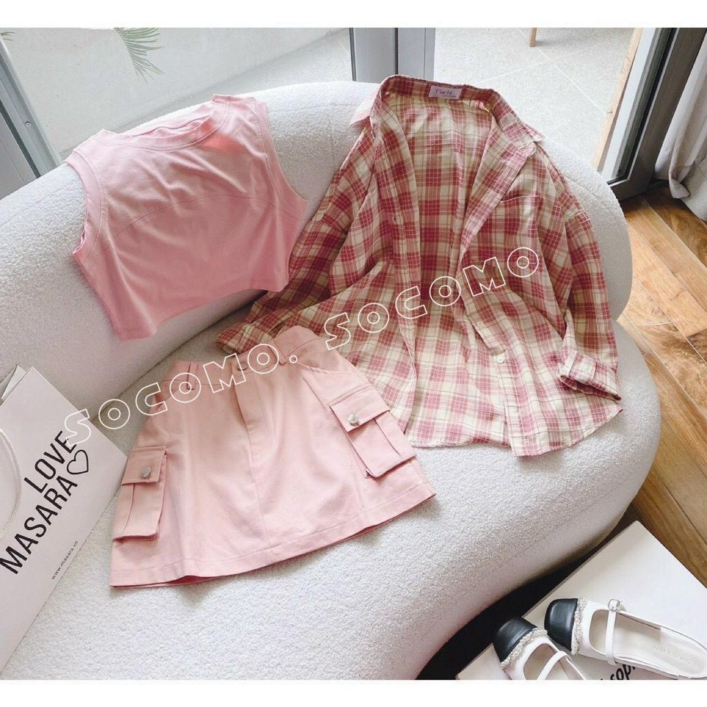 Set bộ ba món chân váy áo sơmi và áo pull Socomo B582022 - Hàng Loại 1, Chất Đẹp - Giá tốt