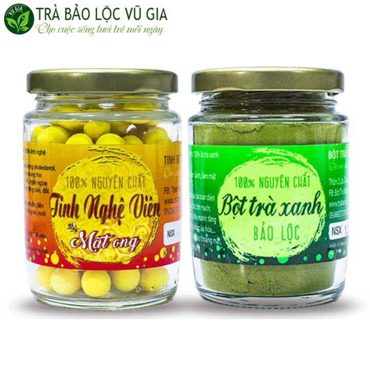 Tinh Nghệ Viên Mật Ong + Bột Trà Xạnh - Nguyên Chất Vũ Gia 100g - Đắp mặt dưỡng da, xóa mờ thâm nám - Đã kiểm nghiệm