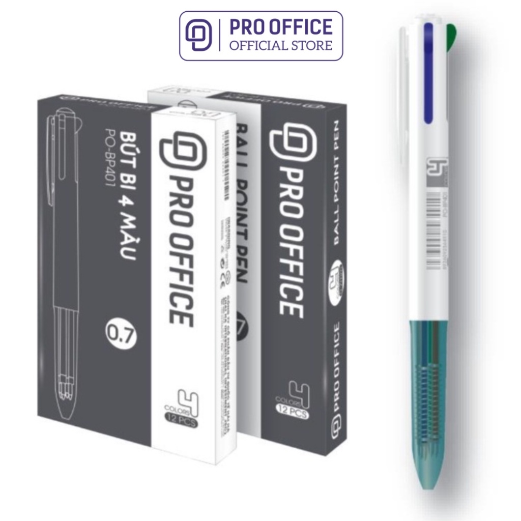 Bút Bi 4 Màu PRO OFFICE Mực Đều,Viết Êm Tay, Đánh Dấu Tiện Lợi BP401