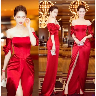 Đầm dạ hội đỏ vai ngang xẻ trước sang trọng
