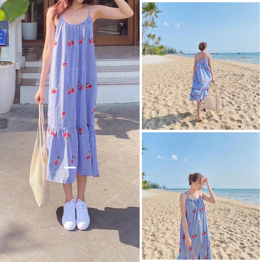 Đầm yếm 2 dây suông hở lưng, Đầm suông sọc hoa đi biển Cao Cấp form rộng sexy thoáng mát - MiNhi