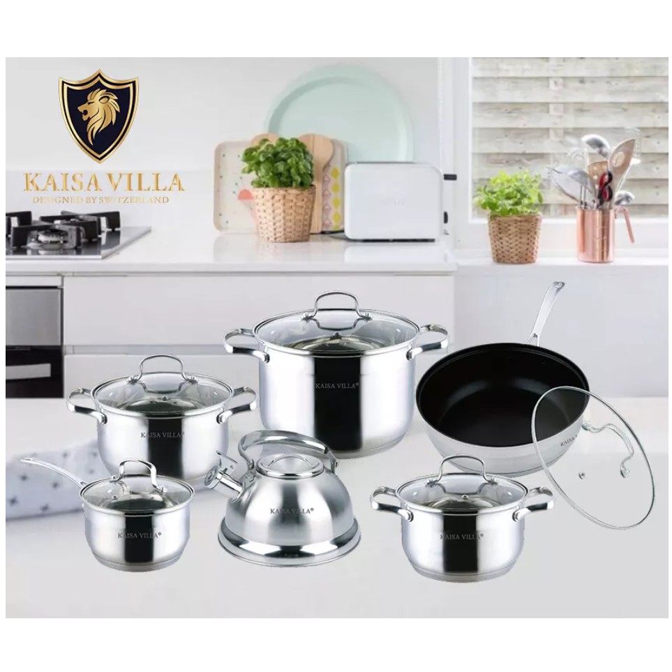 [Hàng chính hãng] Bộ Nồi Đức Kaisa Villa 12 chi tiết - Bộ Nồi Inox 5 Đáy Dùng Cho Mọi Loại Bếp