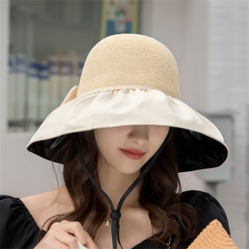 Mũ tai bèo rộng vành thời trang chống tia UV có dây đeo phối nơ là cái túi có thể tháo rời để bỏ mũ mẫu mới