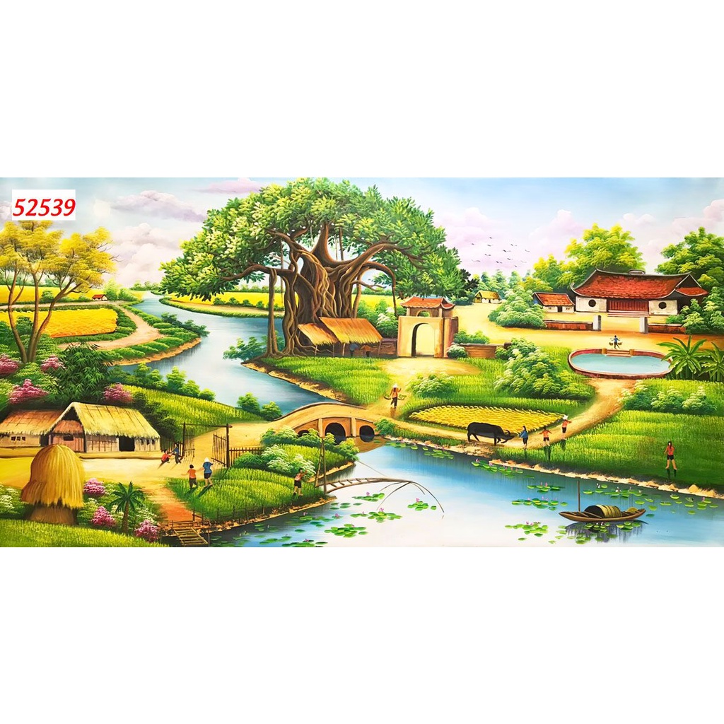 Tranh Đồng Quê Vải Lụa 3D Dán Tường Cao Cấp